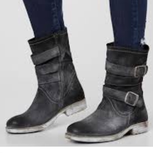 Roan 7.5 Black Suede Distressed Zipper Boots Strappy Design - Picture 11 of 11